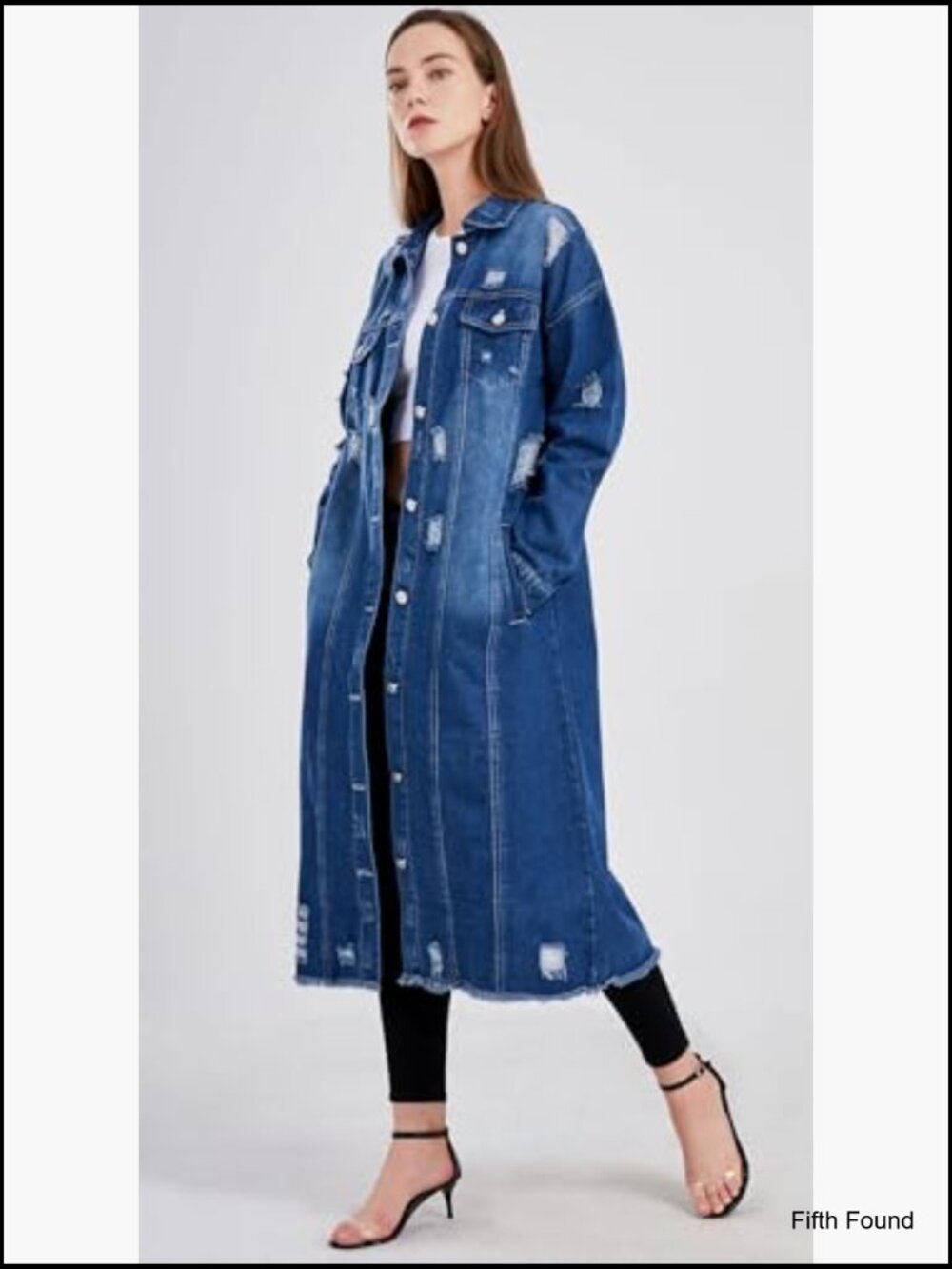 Shredded Distressed Long Denim Duster Coat Jacket Womens Oversized - Picture 5 of 7